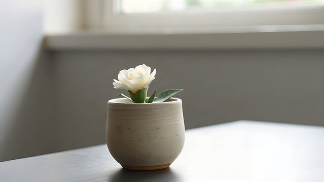 Faded ceramic flower pot with pale artificial bloom, enduring beauty and quiet simplicity concept