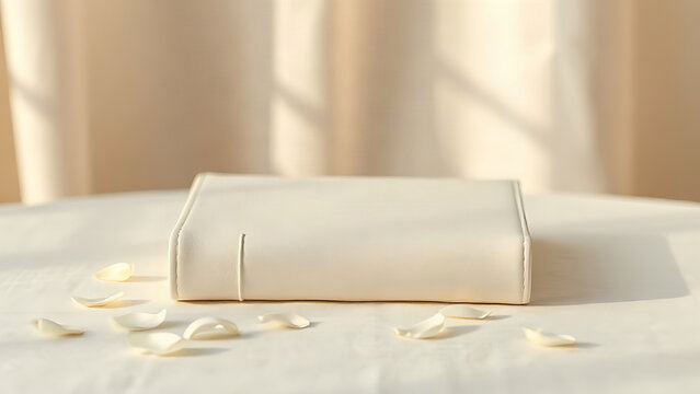 White leather guestbook with flower petals, wedding event concept