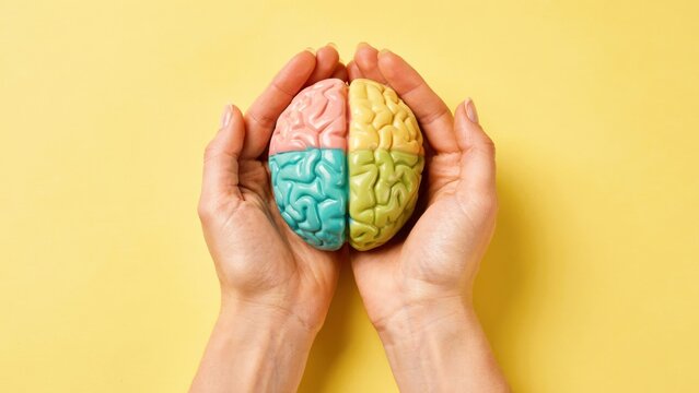 Hands holding a colorful brain model on a yellow background