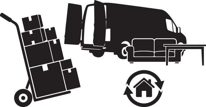 Black silhouette of a moving truck hand truck boxes furniture and home relocation icon on a white background cargo