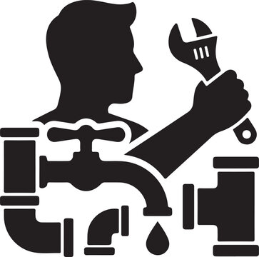 Plumbing service silhouette icon featuring a technician with wrench and pipe fittings traced vector graphic plumber tradesman repairman maintenance