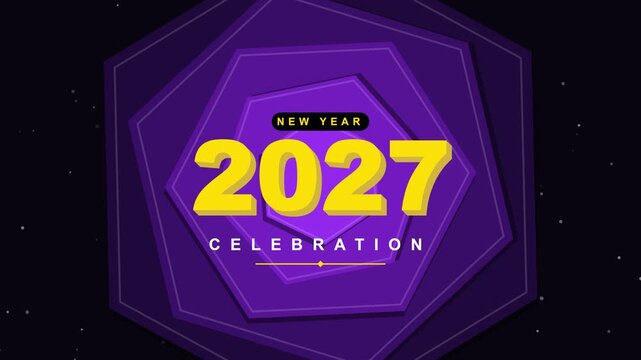 Dynamic 2027 New Year Celebration Motion Graphics Design Featuring Geometric Purple Layers and Vibrant Bold Typography for Festive Seasonal Greeting Events