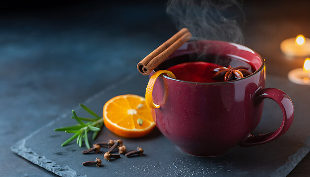 Close Up of Christmas Mulled Wine with Cinnamon and Orange in Ceramic Mug on Slate