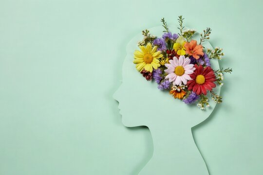 Profile silhouette of a woman head filled with colorful spring flowers on mint background