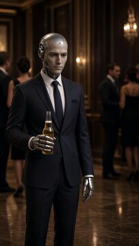 Humanoid robot in suit holding beer in party