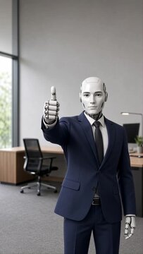 humanoid robot in suit shows thumb up in the office