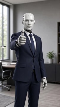 humanoid robot in suit shows thumb up in the office