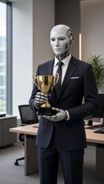 AI robot in suit holding a golden trophy at office