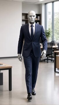 AI Robot walking in a Modern Office Building in a Professional Suit 