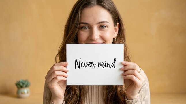 Smiling young woman holding white paper sign with never mind written in black ink against warm neutral textured studio background