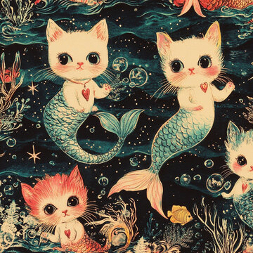 Vintage Hand Drawn Wrapping Paper Hypnotic Collage Cute Kittens Mermai