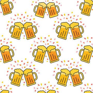 Oktoberfest seamless pattern clinking beer mugs yellow coral flat vect