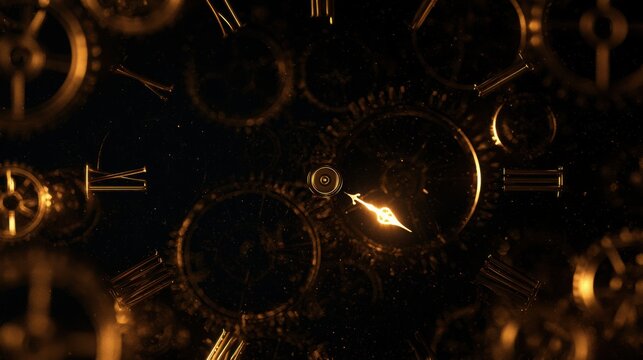 Clockwork gears and glowing hands in a vintage steampunk design represent the passage of time and intricate mechanical engineering.