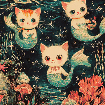 Vintage Hand Drawn Wrapping Paper Hypnotic Collage Cute Kittens Mermai