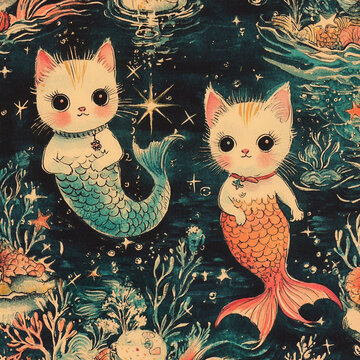 Vintage Hand Drawn Wrapping Paper Hypnotic Collage Cute Kittens Mermai