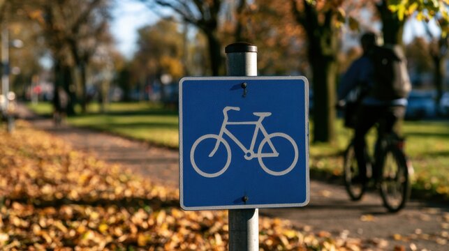 Blue bicycle lane sign on autumn walkway with fallen leaves and cyclist in background in urban park setting