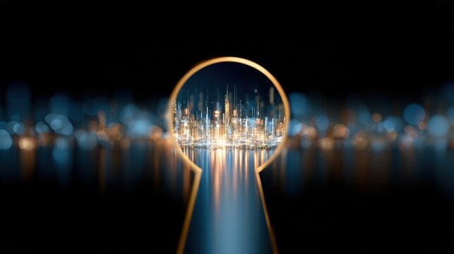A keyhole revealing a shimmering cityscape at night, with vibrant lights reflecting on the water