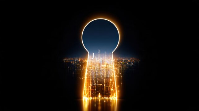 A glowing keyhole reveals a futuristic cityscape at night. The golden light emanates from the city, creating a sense of wonder and opportunity