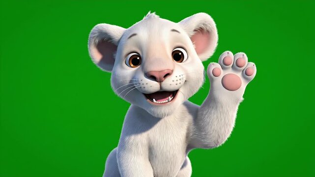 Cute White Lion Cub Waving Hello on Green Screen - Adorable Baby Animal Animation.