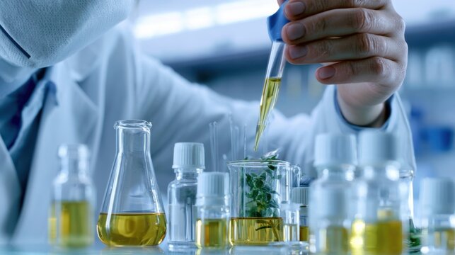 A scientist in a lab coat carefully extracts a liquid from a plant sample using a dropper, surrounded by beakers and test tubes containing colorful liquids