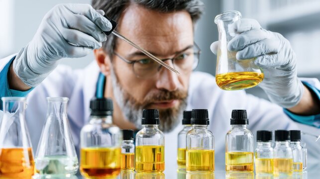 A scientist carefully observing a liquid in a flask while working in a laboratory setting. The scientist is wearing a lab coat and gloves.