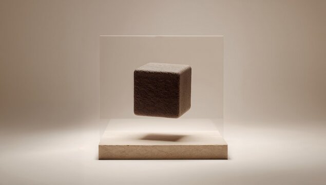 A dark textured cube floating inside a transparent glass box on a light wooden base against a plain beige background, in a studio setting