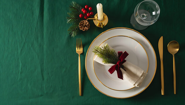 Overhead View of Christmas Eve Dinner Table Setting with Pine and Gold on Green Tablecloth