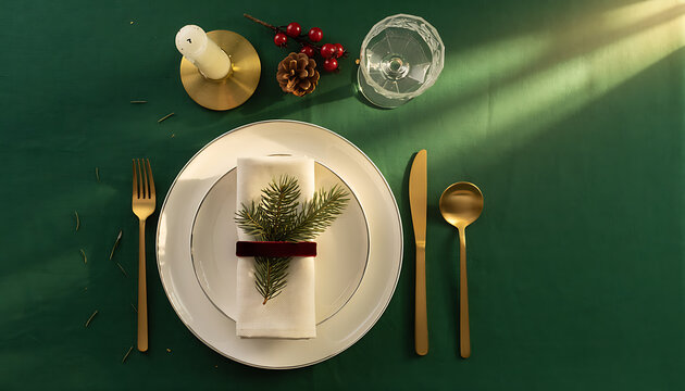 Overhead View of Christmas Eve Dinner Table Setting with Pine and Gold on Green Tablecloth