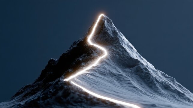A glowing winding path ascends a majestic snow-covered mountain towards its peak, symbolizing aspiration and achievement
