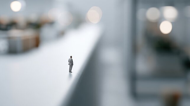 A tiny businessman stands alone on a large ledge, looking out at a blurry, vast cityscape. The scene evokes feelings of isolation and the immense scale of the modern world