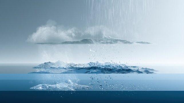 Abstract representation of the water cycle with rain falling from clouds onto water, with ice and mist forming in between