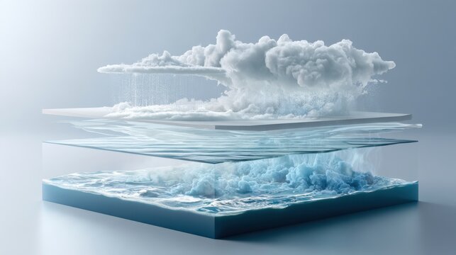 An illustration of the water cycle, showing clouds, rain, a body of water with waves, and land, presented in distinct layers
