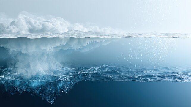 Underwater view of an iceberg with ice floes floating on the water surface. The scene depicts the immense power and beauty of the ocean environment.