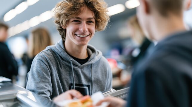 A happy young man with curly hair, wearing a grey hoodie, is receiving a tray with food at a cafeteria. He is smiling at another person, who is out of focus