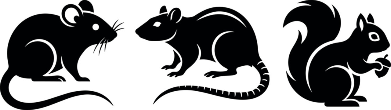 Black rodent silhouette vector icon set featuring mouse rat and squirrel isolated on a clean white background