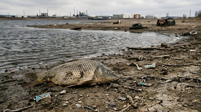 Dead fish on a polluted river bank near industrial factories