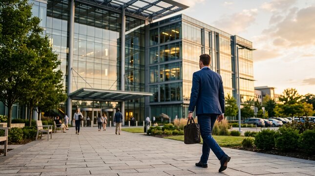 A young businessman in a professional blue suit carrying a briefcase walks toward a modern corporate office building at sunset.