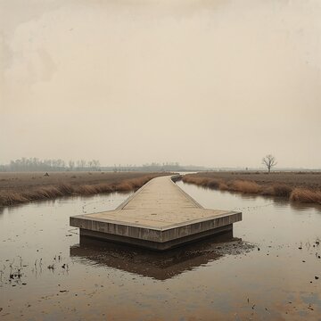 Straight concrete pier extending into a calm lake with dry grass and a distant tree under a pale overcast sky in a desolate landscape view