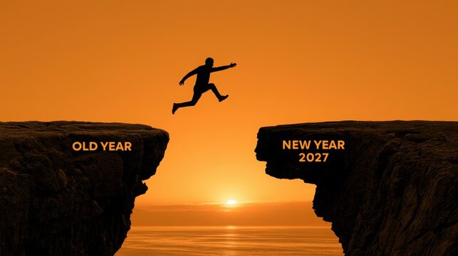 Silhouette of a man leaping over a cliff gap from the old year to the new year 2027 against a bright orange sunset sky.