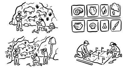 Fototapeta premium Archaeology and cave exploration black and white vector set