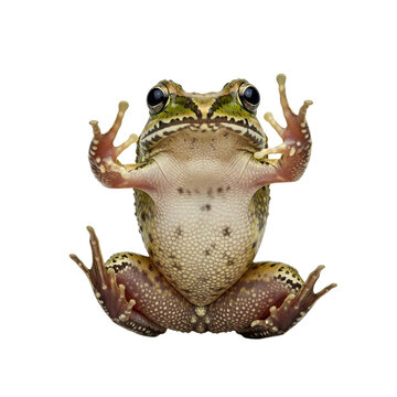 Low angle view of a green and brown spotted frog, an amphibian, with its webbed feet on a white background, studio shot