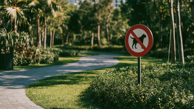 Curved garden pathway with lush greenery and prominent no dog allowed prohibition sign on sunny day in peaceful park setting