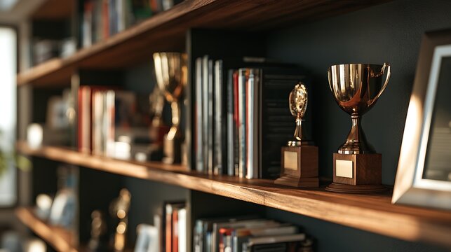 A shelf with trophies and books in a home office or library setting.
