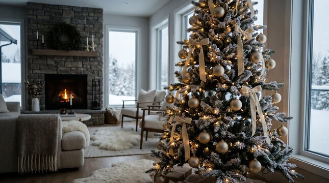 Christmas Tree Decorated with Ornaments and Ribbon, Festive Holiday Decor in a Cozy Living Room Setting