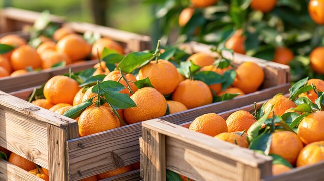 Fresh ripe mandarins with green leaves in wooden crates during harvest