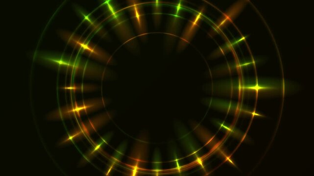 Green and orange neon laser rings with glowing rays on dark abstract background. Circular light effects create a futuristic focal element. Seamless loop. Video animation Ultra HD 4K 3840x2160