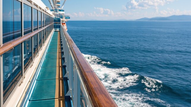 Cruise ship deck with wooden handrail overlooking deep blue ocean
