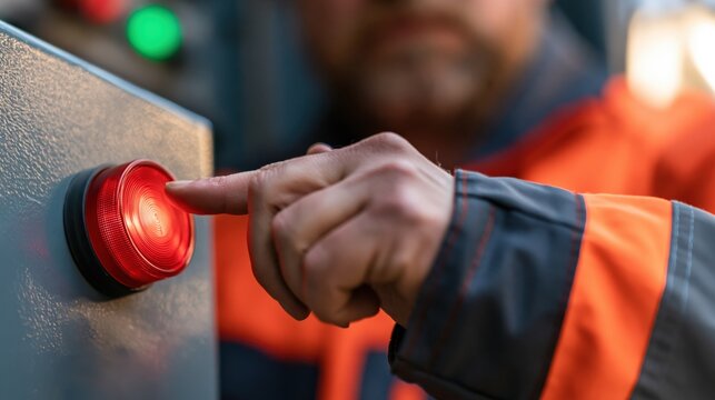 Worker hand pressing red button on control panel