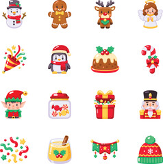 Fototapeta premium Cheerful Christmas icon set featuring festive characters, candies, party decorations, winter drinks, holiday gifts, seasonal clothing. 