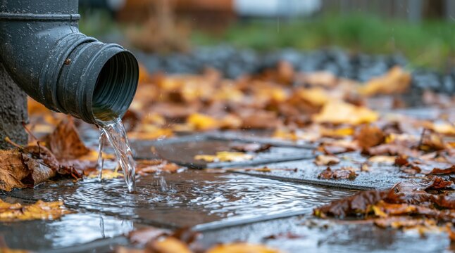 Water pouring from rain gutter downpipe onto wet patio with fallen autumn leaves
